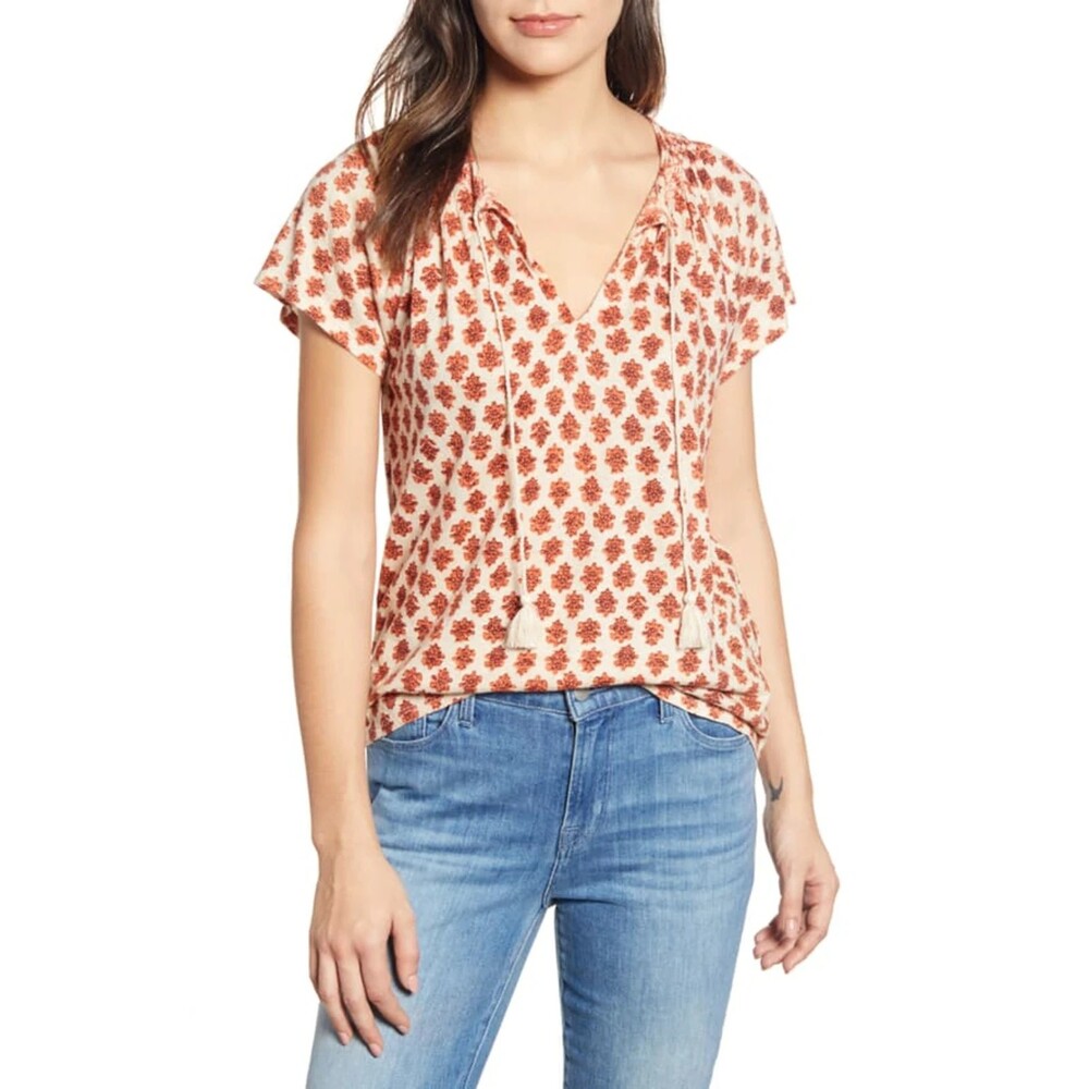 LUCKY BRAND White Orange Floral Boho Tassel Smocked Blouse Top Size XS